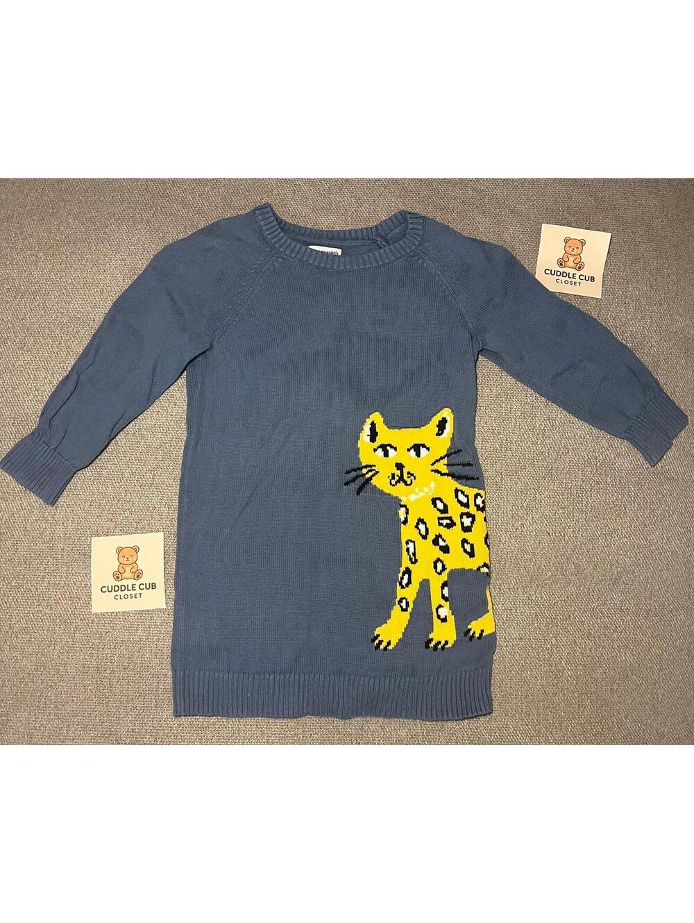 Girls 3T Oversized Sweater Dress Cat Leopard Graphic Blue Knit Long Sleeve Tunic